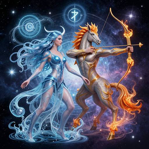 Digital artwork: Blue ethereal woman with flowing water-like hair and silver armor stands beside a fiery, armored horse archer in space, with a glowing