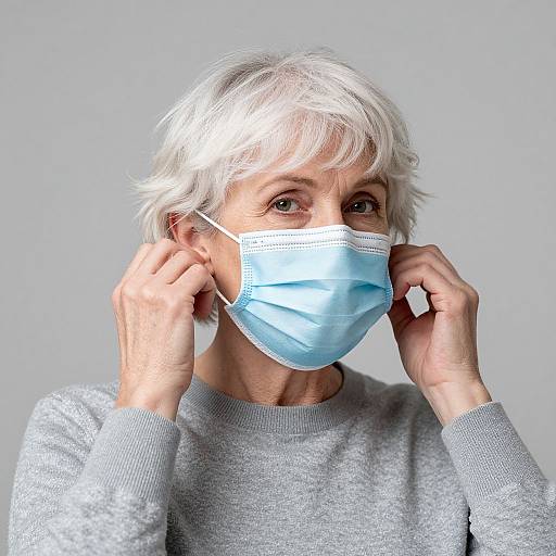 Photograph of an elderly woman with short white hair wearing a light gray sweater and blue surgical mask, adjusting the mask with both hands against a plain gray