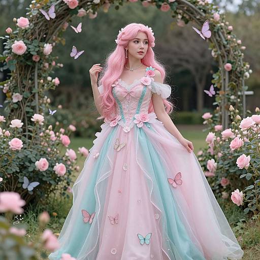 Photograph of a pink-haired woman in a pastel pink and blue butterfly-adorned ball gown, standing in a rose-filled garden archway with