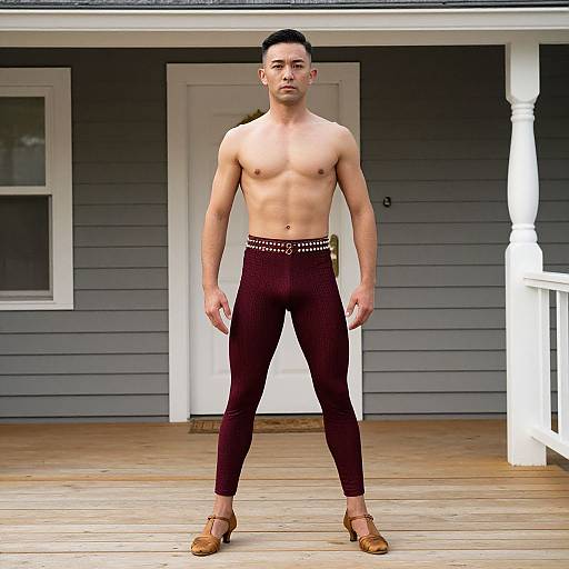 Photograph of a shirtless, fit Asian man with short black hair, wearing dark maroon pants with gold studs, brown loafers, standing on
