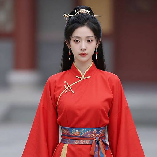 Photograph of an East Asian woman with long black hair, wearing a vibrant red traditional Korean hanbok with gold embroidery and a blue patterned ob