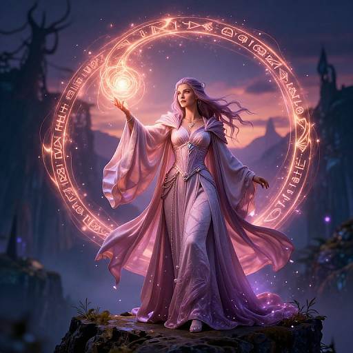 Digital fantasy artwork of a mystical, long-haired woman in a flowing purple dress, casting a glowing magic circle with runes, against a twilight, castle-filled