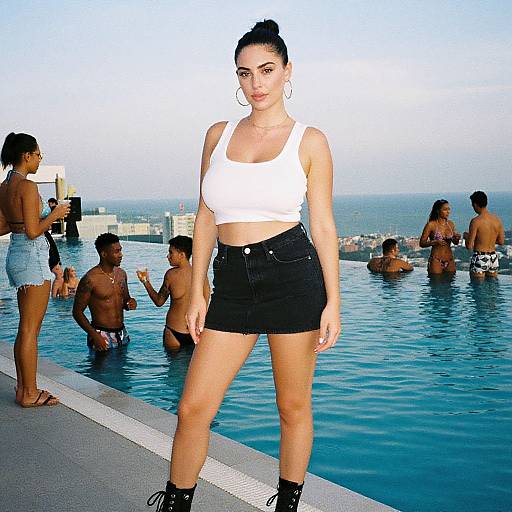 Photograph of a confident woman with dark hair in a bun, wearing a white crop top, black shorts, and boots, standing by a crowded rooftop