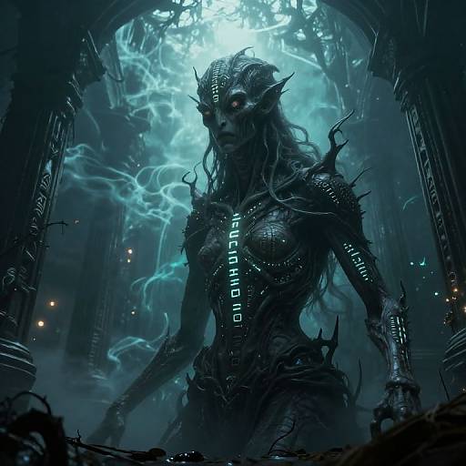 Digital artwork of a dark, armored, demonic woman with glowing eyes and intricate, glowing runes, standing in a glowing, ancient, ruined temple. Electric