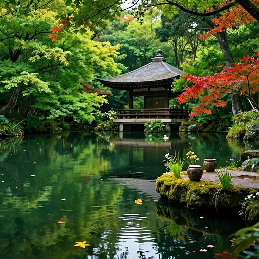 Tranquil Forest Pond with Japanese Pagoda