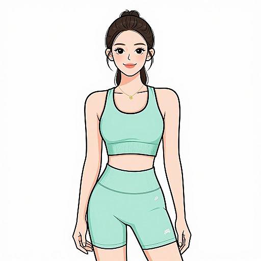 Digital illustration of a smiling Asian woman with dark hair in a ponytail, wearing a light turquoise sports bra and shorts, standing against a plain white background
