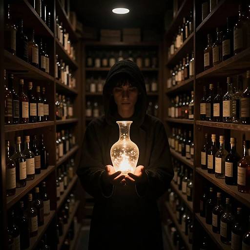 Photograph of a woman with dark hair, hooded, holding a glowing glass bottle in a dimly lit wine cellar, surrounded by rows of wine