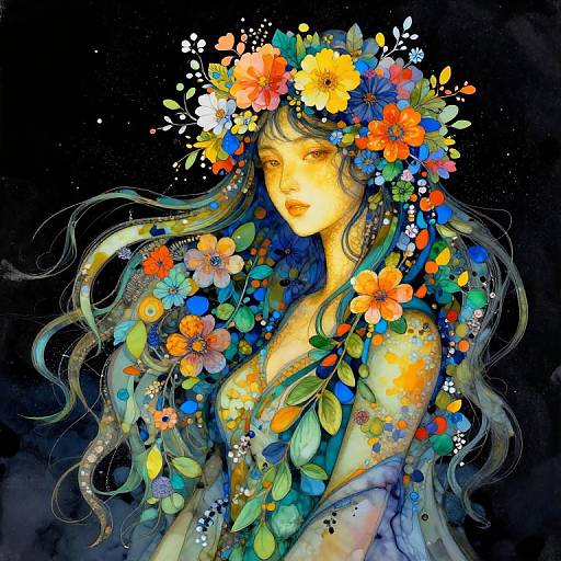 Vibrant digital painting of a fair-skinned woman with long, flowing hair adorned with colorful flowers, set against a dark, starry background.