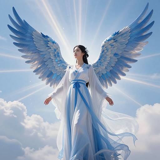 Digital art of an ethereal woman with blue wings, wearing a white and blue flowing dress, illuminated by sunlight, soaring above clouds.