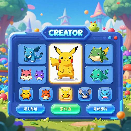 Digital Pokémon creator interface with a central yellow Pikachu, surrounded by eight other Pokémon in colorful, cartoon-style backgrounds. Blue 
