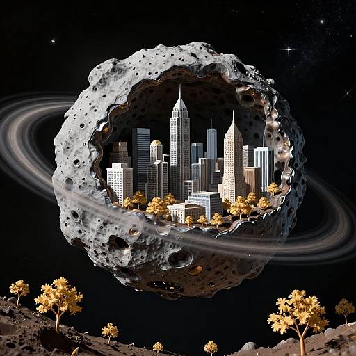 Digital artwork of a city with tall skyscrapers inside a large, rocky, ringed asteroid floating in a starry space, surrounded by golden trees