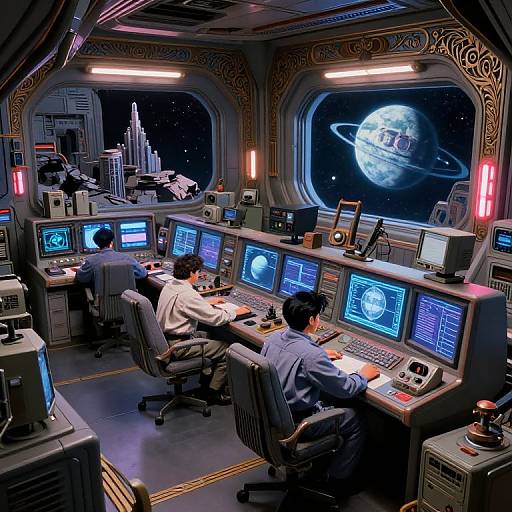 Photograph of a futuristic control room with four men in blue and white uniforms working on complex computer screens, overlooking a window view of a planet with rings