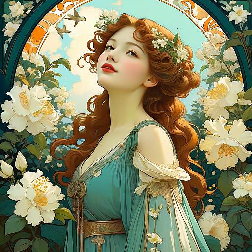 Art Nouveau Woman in Garden of Gardenias