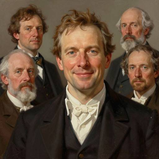 Photorealistic digital portrait of a smiling middle-aged white man with brown hair, surrounded by four older white men with white beards, all wearing formal