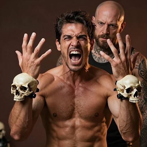 Shirtless Man Screaming with Skull Wristbands
