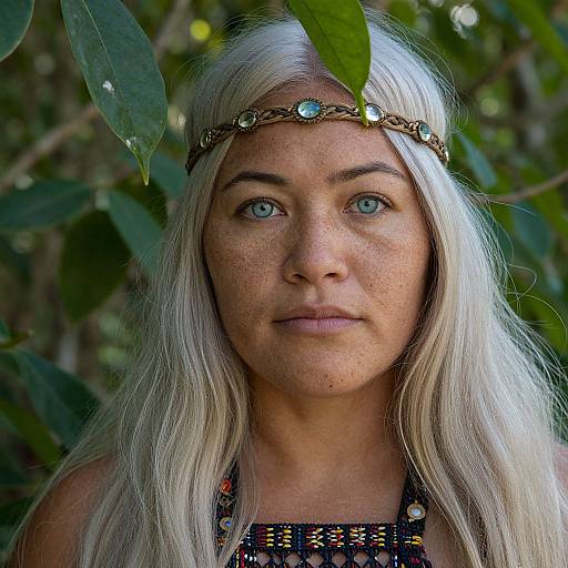 Photograph of a fair-skinned woman with long white hair, blue eyes, freckles, wearing a beaded headband, and a pattern
