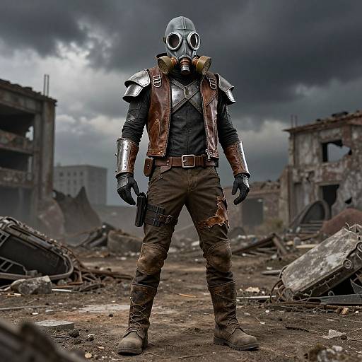 Post-apocalyptic warrior in metallic armor, gas mask, brown leather vest, and gloves, standing in a ruined, debris-filled urban landscape. Photograph.