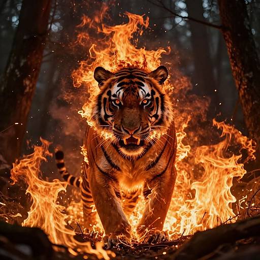 Photograph of a fierce, roaring tiger with vibrant orange and yellow flames engulfing its body, standing in a dark, forested background.