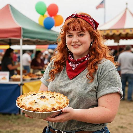Photograph of a smiling, fair-skinned, red-haired woman in a red bandana and grey shirt, holding a crumb-topped pie at