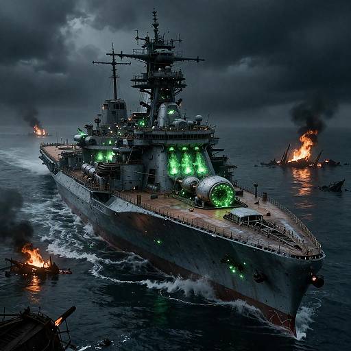 Sickly-Green Battleship Amid Burning Wreckage
