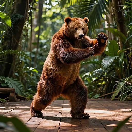 Photograph of a large brown bear standing on hind legs in a sunlit, dense jungle, raising front paws, with lush green foliage and wooden