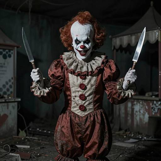 Photograph of a creepy clown with white face paint, red hair, and a maroon dress, holding two knives in a dark, grimy,