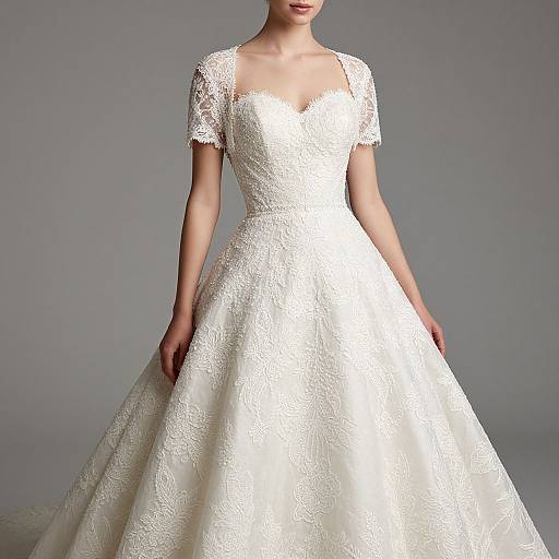 Photograph of a slender woman in an elegant white lace wedding dress with short sleeves, standing against a plain gray background.