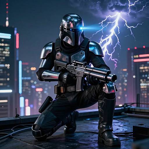 Cyberpunk warrior in metallic armor kneels on rooftop, aiming gun with glowing blue eye, lightning bolts illuminating neon cityscape. Digital art.