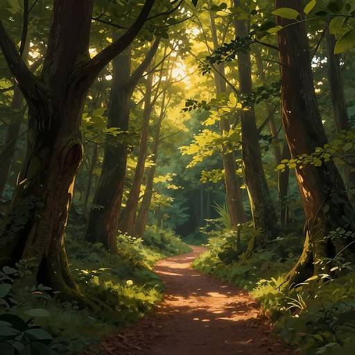 Photograph-like digital artwork of a sunlit forest path, surrounded by tall trees, dappled sunlight filtering through green leaves, and a warm,