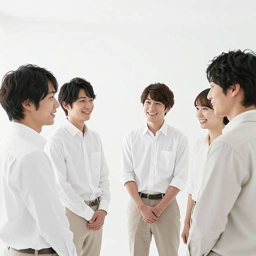 Photograph of six Asian men, all smiling, standing in a circle, wearing white dress shirts and beige pants, against a white background.