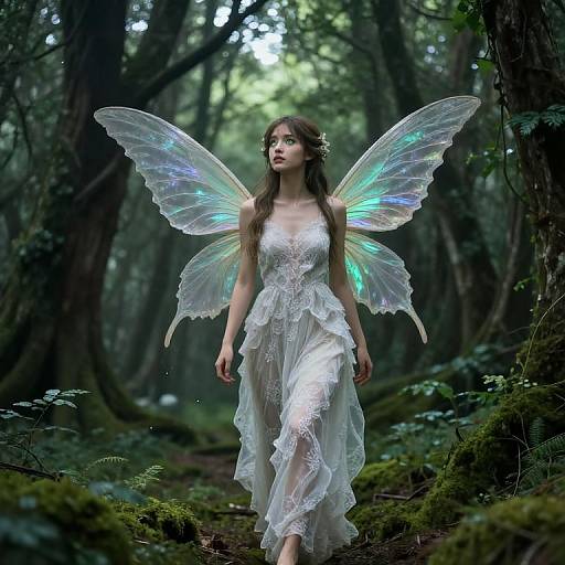Photograph of a fair-skinned, long-haired woman in a white lace dress with iridescent fairy wings, standing in a misty, moss