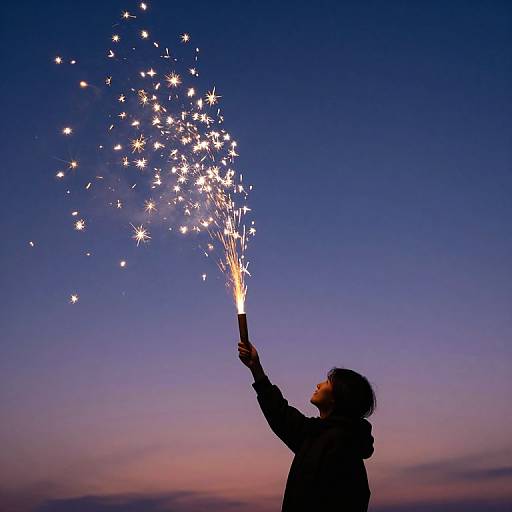 Photograph of a silhouetted person holding a sparkler against a twilight sky, with bright stars and glowing embers dispersing into the deep