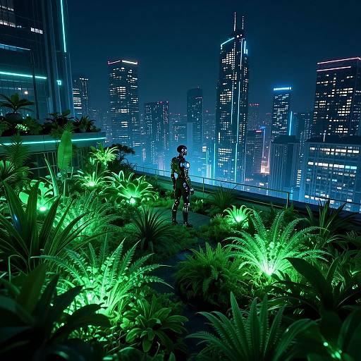 Cyborg standing in neon-lit urban rooftop garden at night, surrounded by glowing green ferns, with a futuristic city skyline in blue and white lights