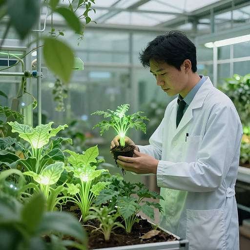 Photograph of an Asian male scientist in a white lab coat, carefully planting a bright green seedling in a greenhouse.