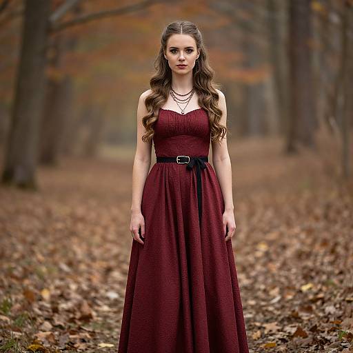 Photograph of a young woman with long brown hair, wearing a maroon sleeveless dress with a black belt, standing in an autumn forest with fallen