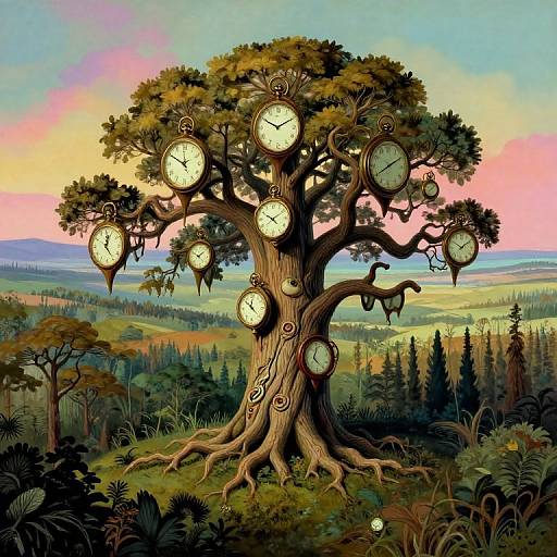 Fantastical digital painting of a tree with multiple clocks on its branches, set against a colorful sunset over a lush forest landscape.