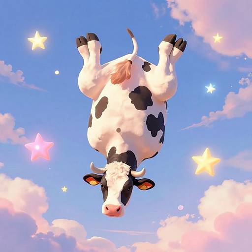 Whimsical Upside Down Cow in Surreal Sky