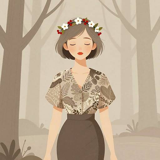 Serene Woman in Vintage Outfit with Floral Crown