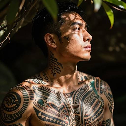 Photograph of a shirtless Asian man with intricate black tribal tattoos, standing in dappled sunlight, gazing to the side, surrounded by green