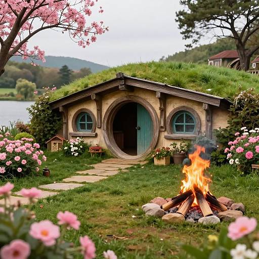 Photograph of a whimsical hobbit house with a grass-covered roof, circular door, and windows, surrounded by pink flowers, a burning fire pit