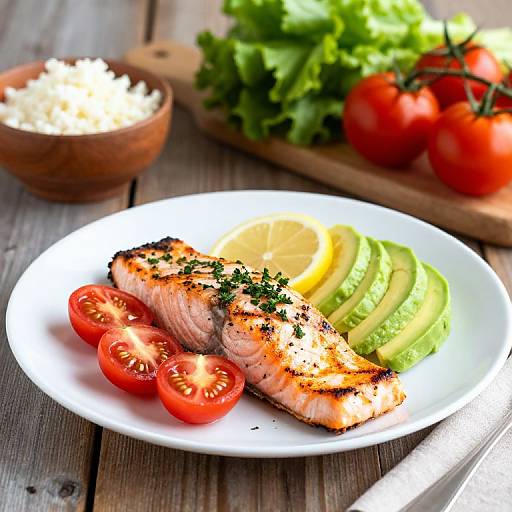 Photograph of a white plate with grilled salmon, sliced avocado, lemon slices, cherry tomatoes, and fresh parsley on a wooden table.