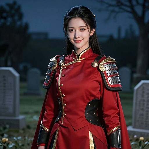 Digital CGI of an Asian woman with fair skin, black hair, and red military uniform with gold and black armor, standing in a dark, grave-filled