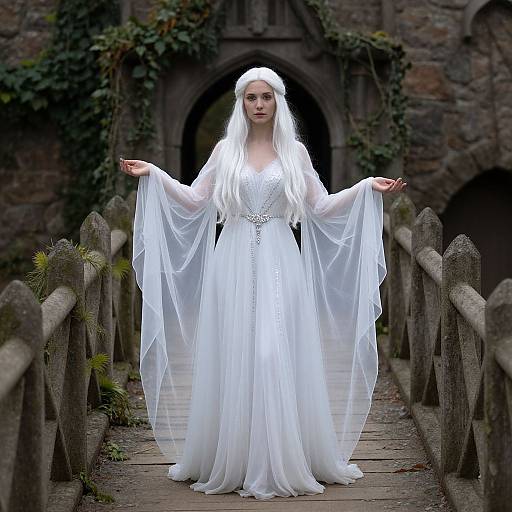 Photograph of a pale, ethereal woman in a long, white, flowing wedding gown with a veil, standing on a wooden path, surrounded by