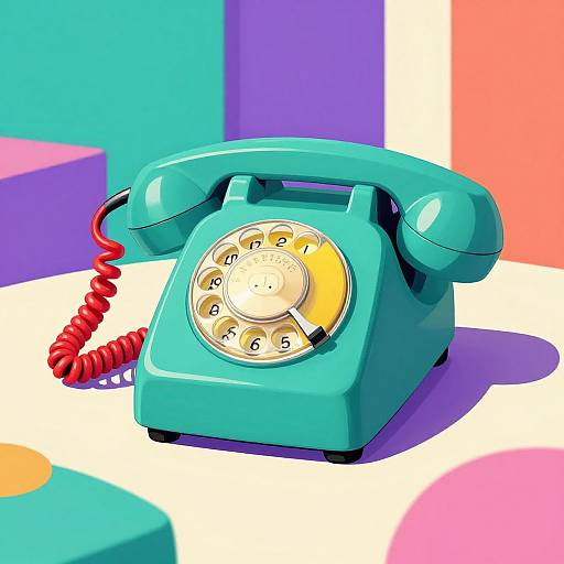 Brightly colored photograph of a vintage turquoise rotary phone with a red coiled cord, set against a geometric, multicolored background.