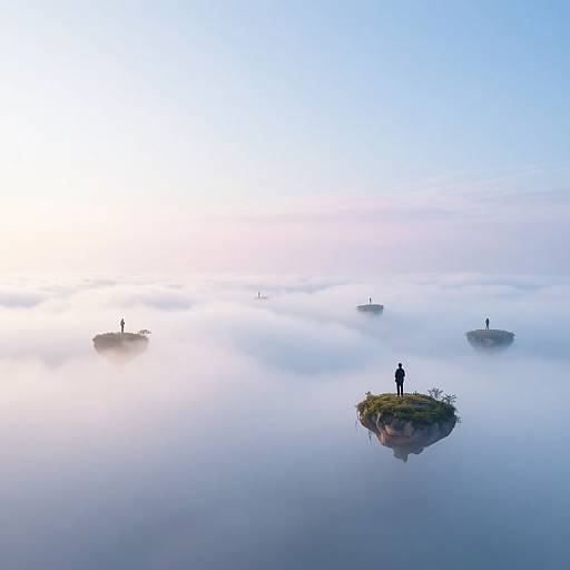 Photograph of four small, rocky islands in a misty, fog-covered sea under a bright, blue sky; two islands have solitary figures standing on