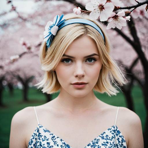 Blonde Woman with Blue Hairband in Cherry Blossom Garden