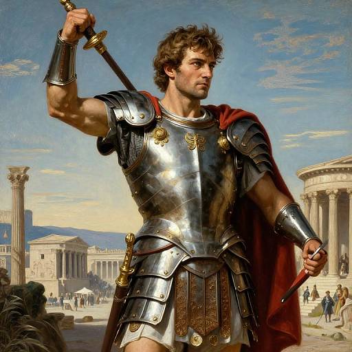 Digital painting of a muscular, curly-haired male warrior in shiny silver armor and red cape, holding a sword, standing in a classical ancient Greek cityscape