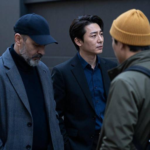 Three men in urban setting at dusk