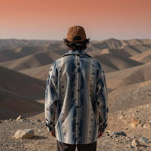 Person in Patterned Coat on Rocky Landscape