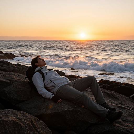 Photograph of a man in a gray jacket and pants, leaning back on rocky shoreline, gazing at a vibrant sunset over the ocean.